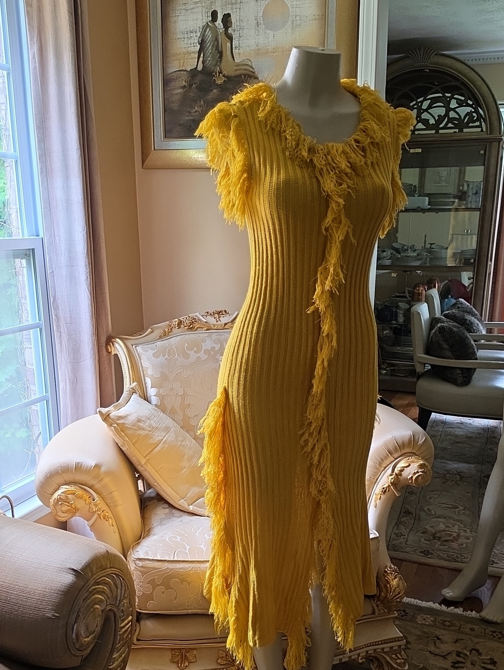 Fringed Ribbed Midi Dress in Mustard Yellow